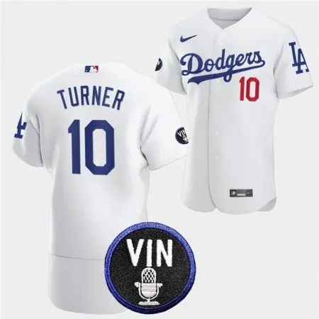 Men's Los Angeles Dodgers #10 Justin Turner 2022 White Vin Scully Patch Flex Base Stitched Baseball Jersey