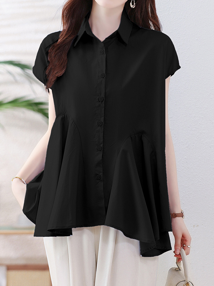 Irregular Pleated Hem Short Sleeve Spread Collar Shirt