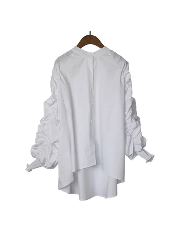 Split-Joint Solid Color Pleated Elasticity Puff Sleeves Loose Round-Neck Blouses