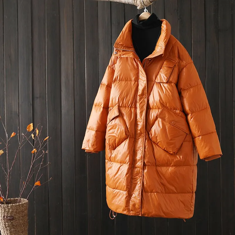 Ailegogo Winter Women Thick Warm White Down Long Jacket Casual Female Loose Fit Stand Collar Zipper Pocket Coat Snow Outwear