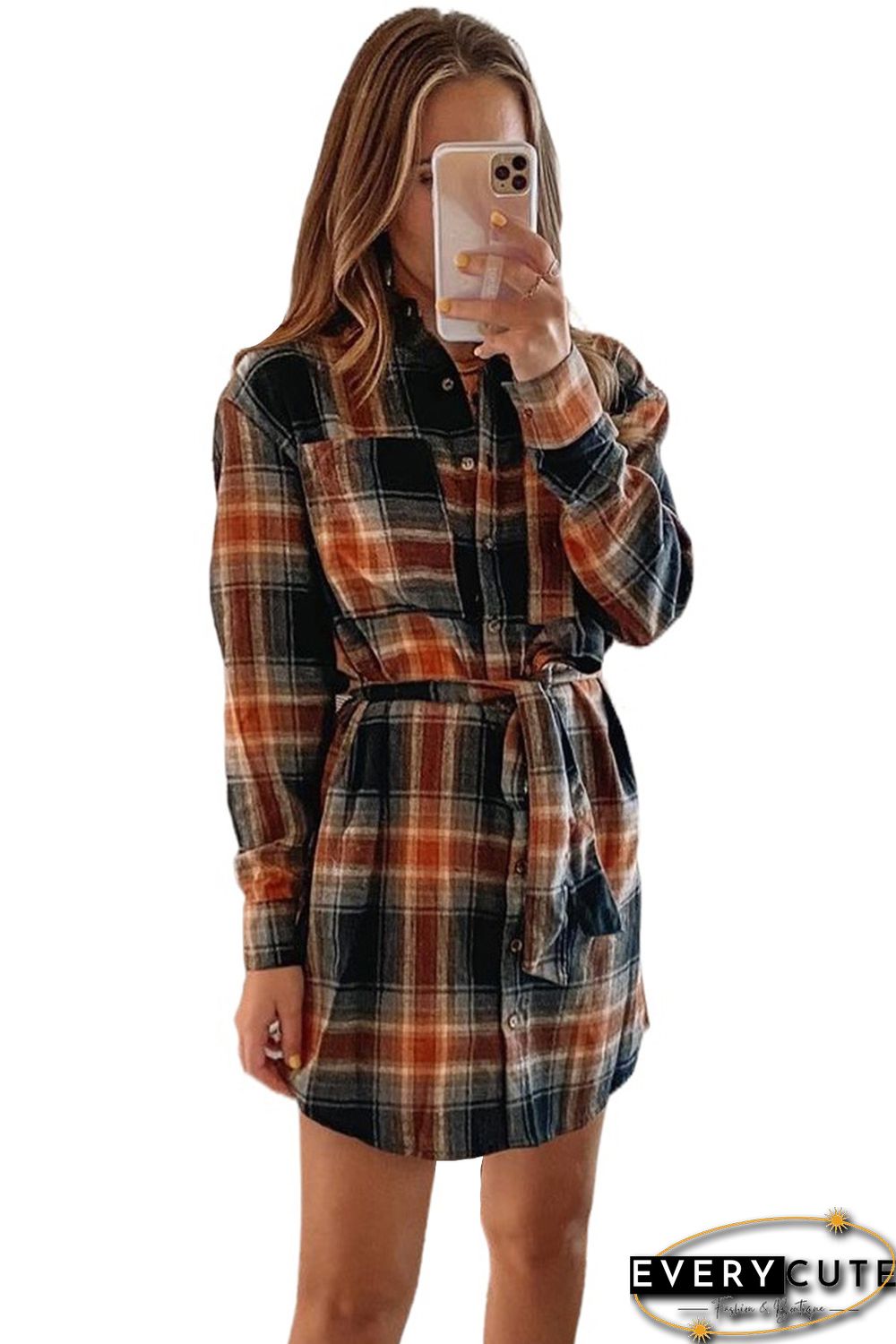 Plaid Chest Pocket Shirt Mini Dress with Belt