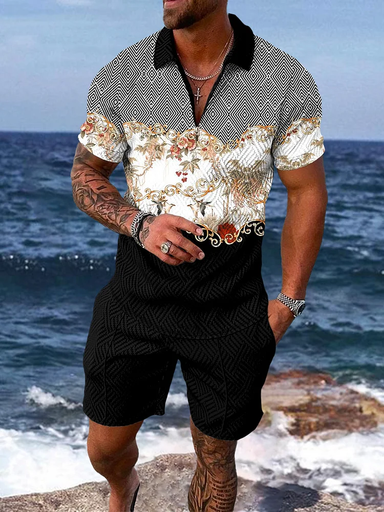 Men's Luxury Vintage Texture Printing Color Contrast Polo Suit