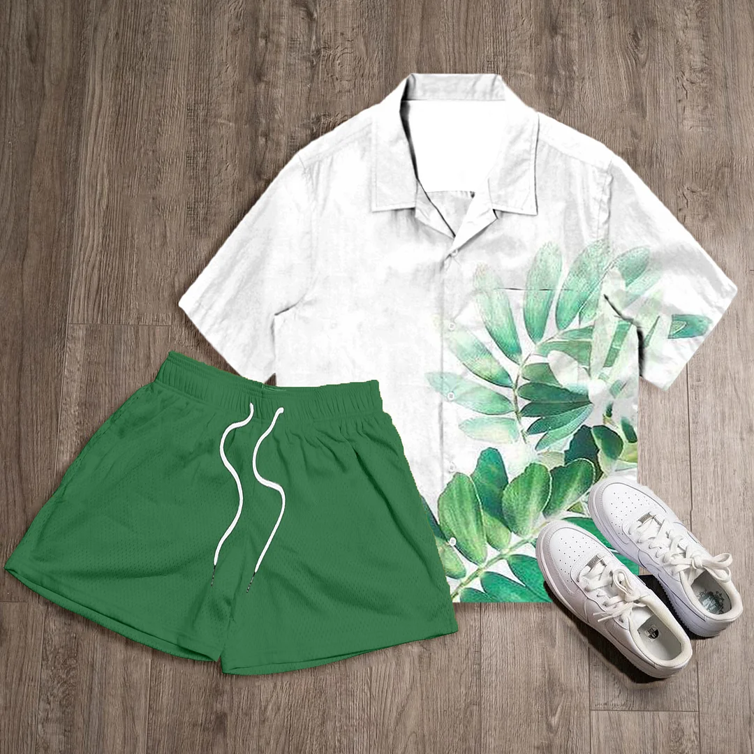 Casual Leaves Print Shirt Shorts Two-Piece Set