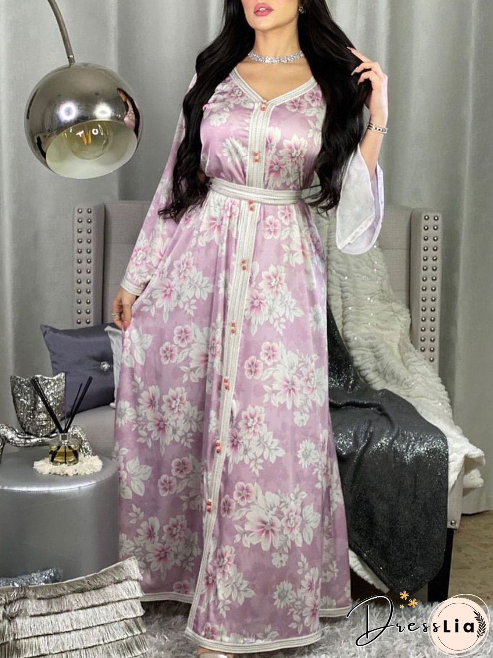 Muslim Pink Elegant Flower Printed Dress