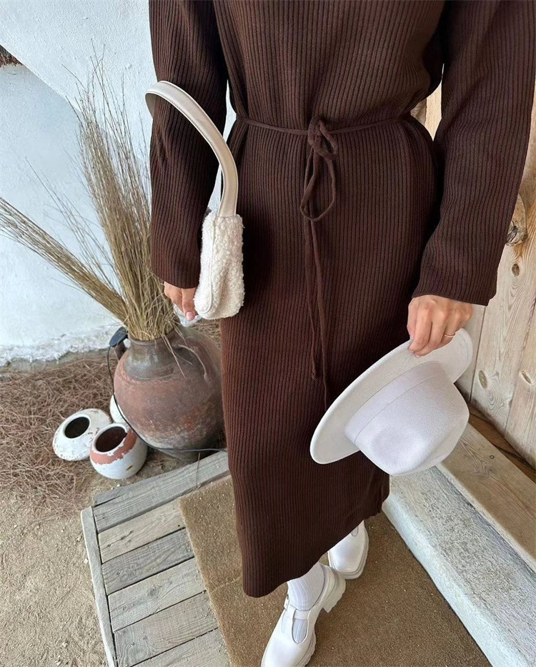 Ootddress Knitwear Lace-Up Casual Dress Sweater For Women Ribbed Fashion Bandage Elegant Knit Autumn Dress Ladies Bandage Dress New