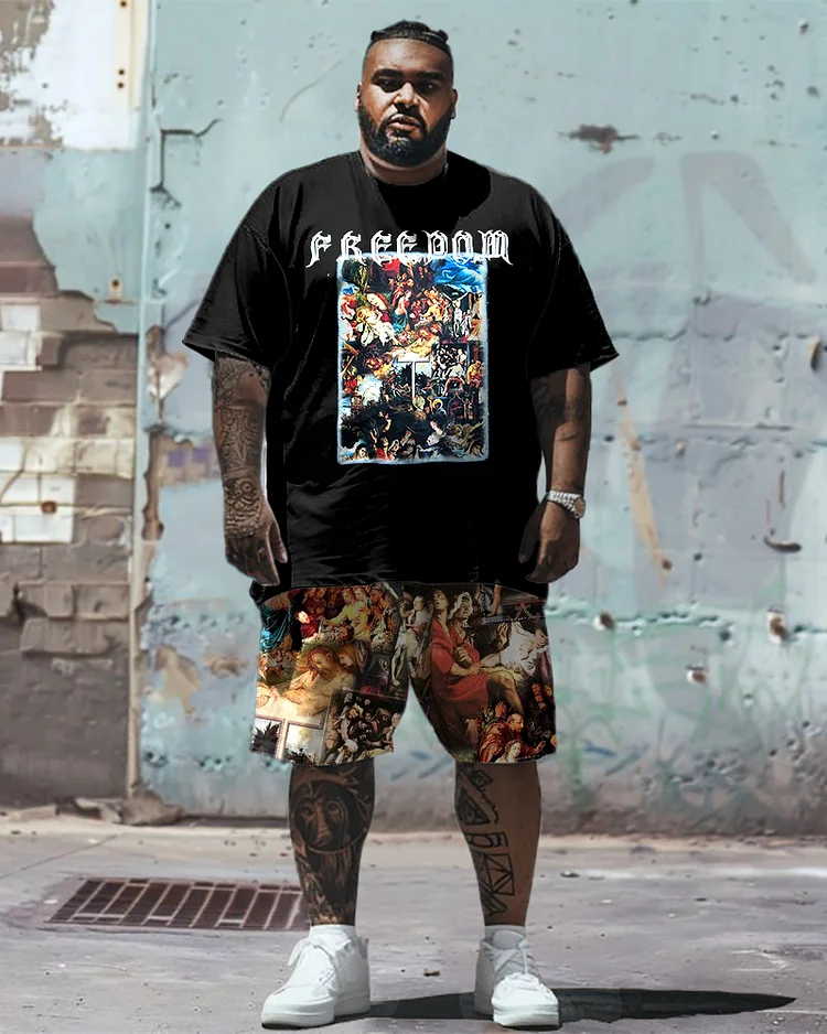 Printed Front And Back Men's Plus Size Redemption Pattern Printed T-shirt Shorts Suit