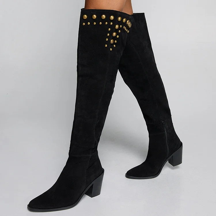 Black Pointed Toe Vegan Suede Studs Block Heel Over The Knee Boots |FSJ Shoes