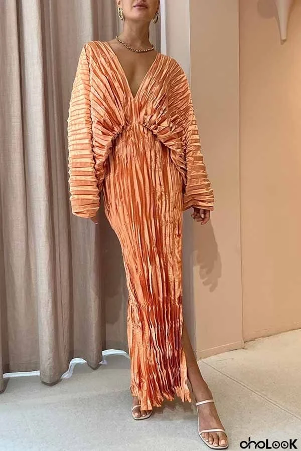 Sculpturally Luxurious Kimono Sleeve Pleated Cocoon Maxi Dress