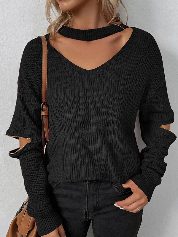 Zipper Solid Color Hollow Loose Long Sleeves V-Neck Sweater Tops Pullovers