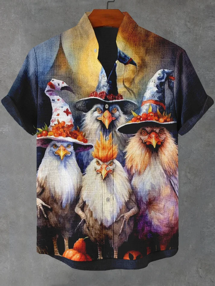 Men's Witch Hat Chicken Halloween Print Casual Shirt