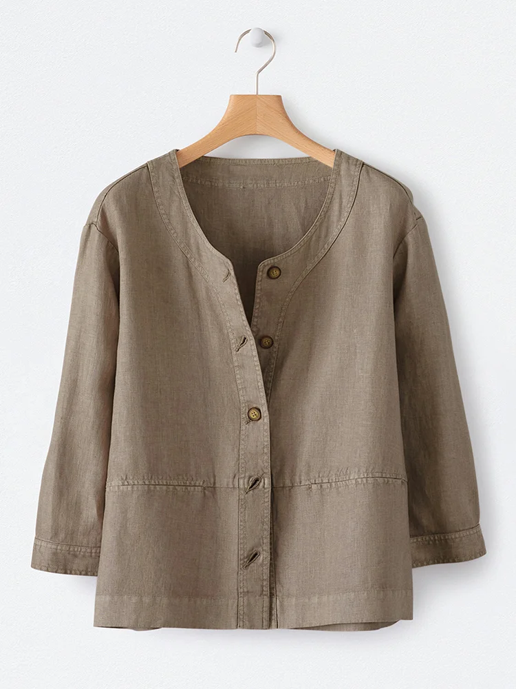 Casual Crew Neck Linen Blend Jacket