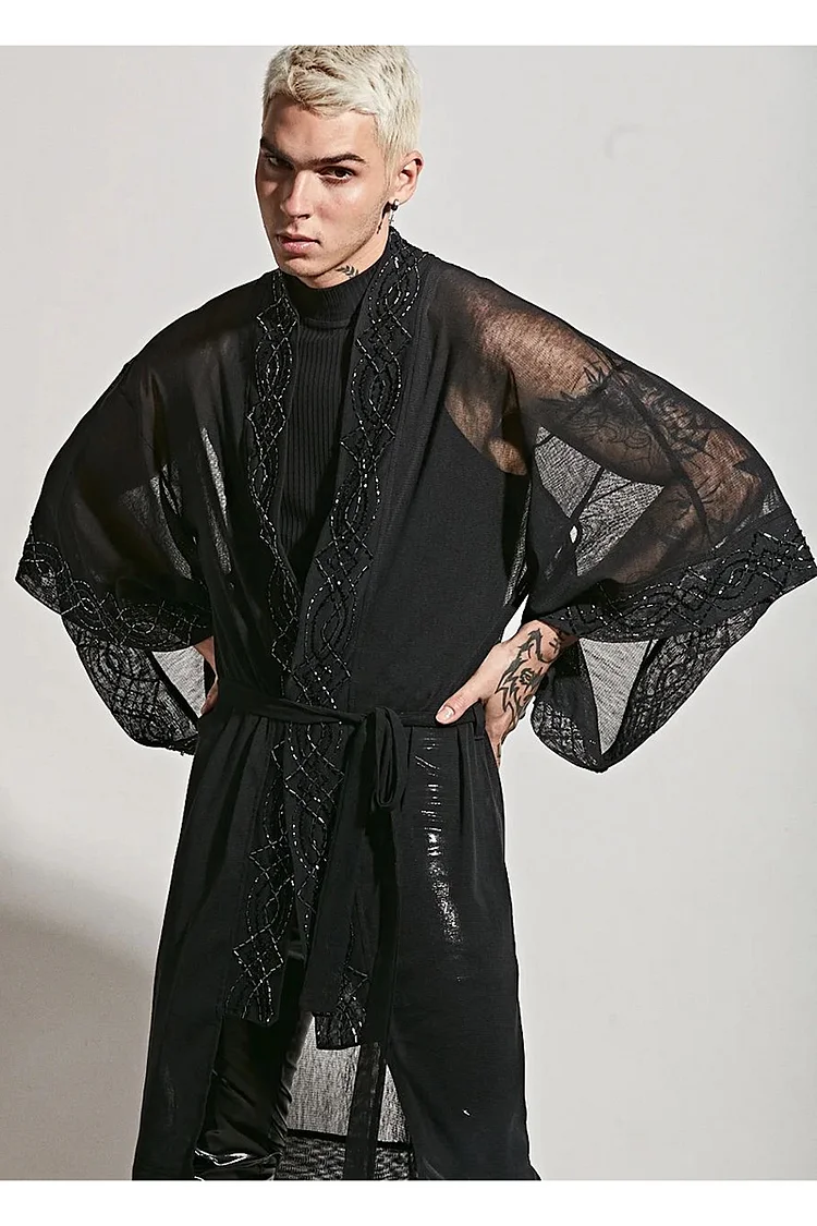 Embroidery See-Through Half Sleeve Casual Black Robe [Pre-Order]