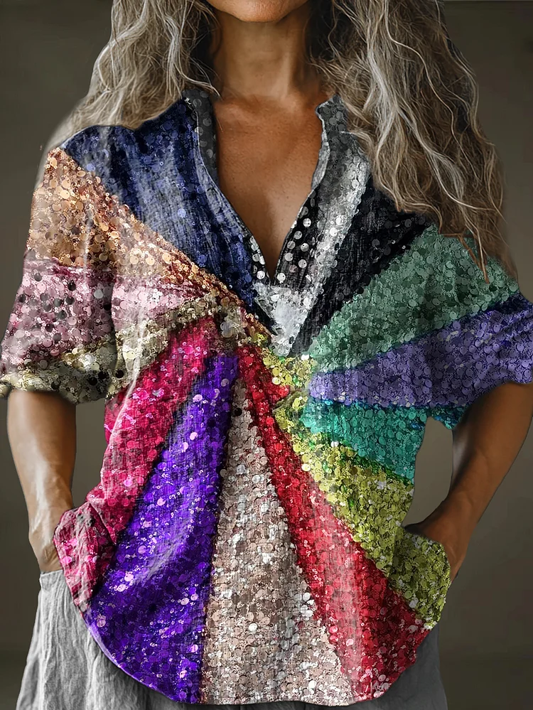 Women's Rainbow Strip Art Pattern Print Long Sleeve Comfortable Cotton And Linen Shirt