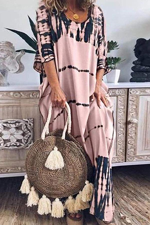 Womens Loose Round Neck Print Long Skirt Dress-Allyzone-Allyzone