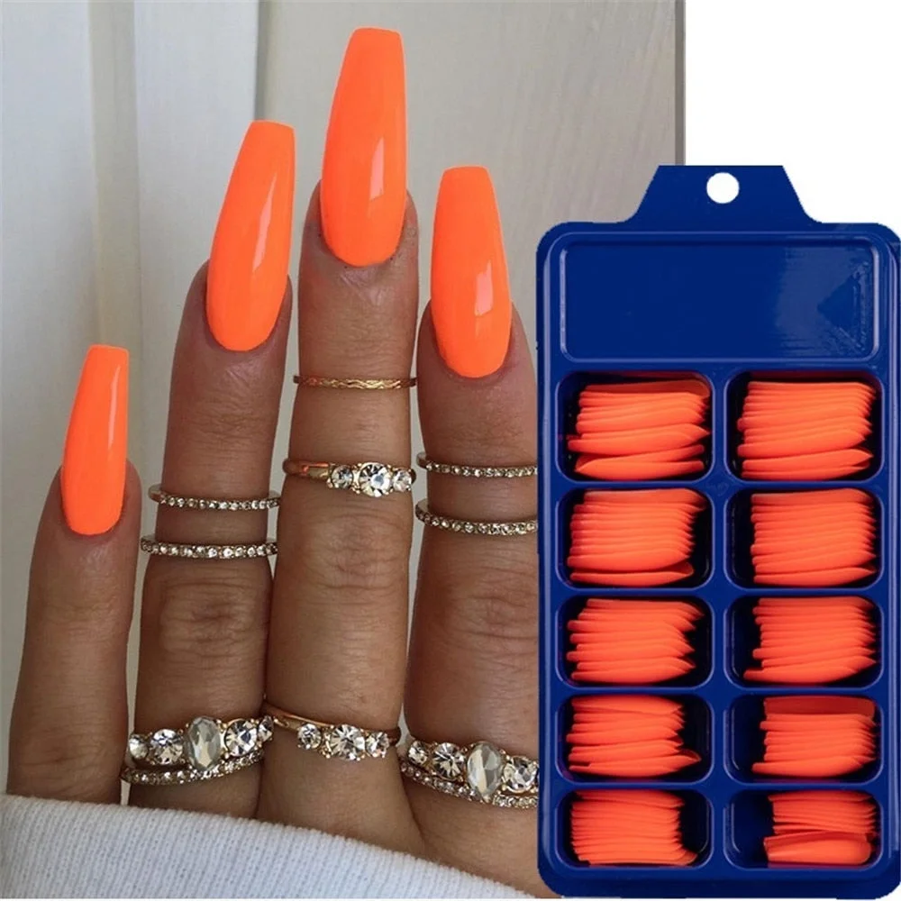 100Pcs Colorful Acrylic False Long Coffin Nails Fake Nails Flat Shape Art Tips Natural Full Cover Fake Nail Tips Manicure Tools-Nail Inspo