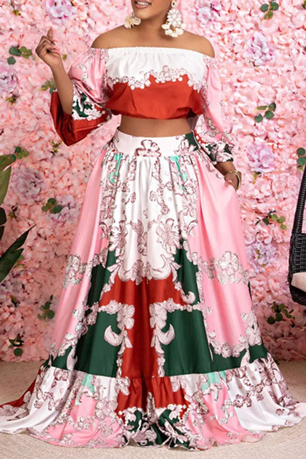 Floral Print Retro Off Shoulder Dress Suit