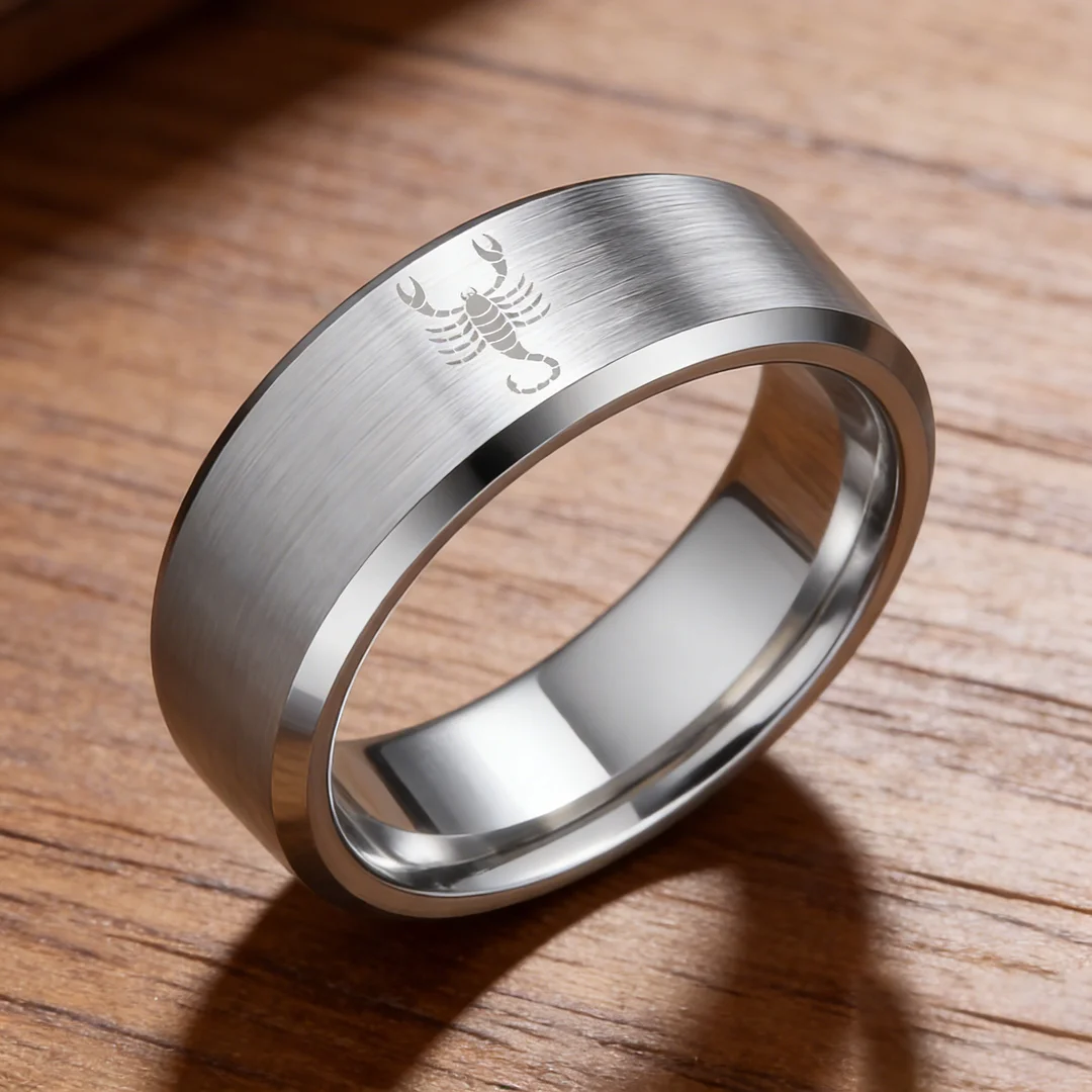 Sliver Scorpio Tungsten Wedding Bands Beveled Edges Sliver Laser Etched Couple Tungsten Carbide Rings 4MM 6MM 8MM Width
