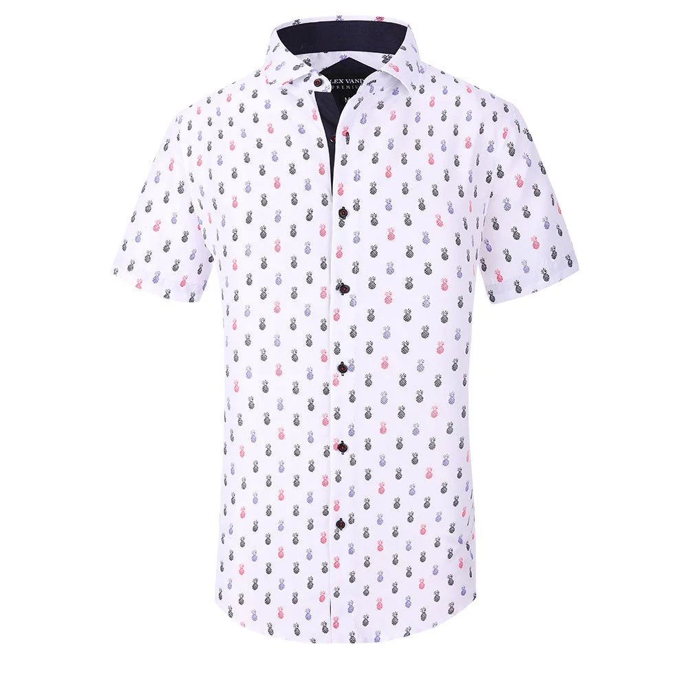 Men's Microfiber Lifestyle Short Printed Shirt White Pineapple Alex Vando Fashion