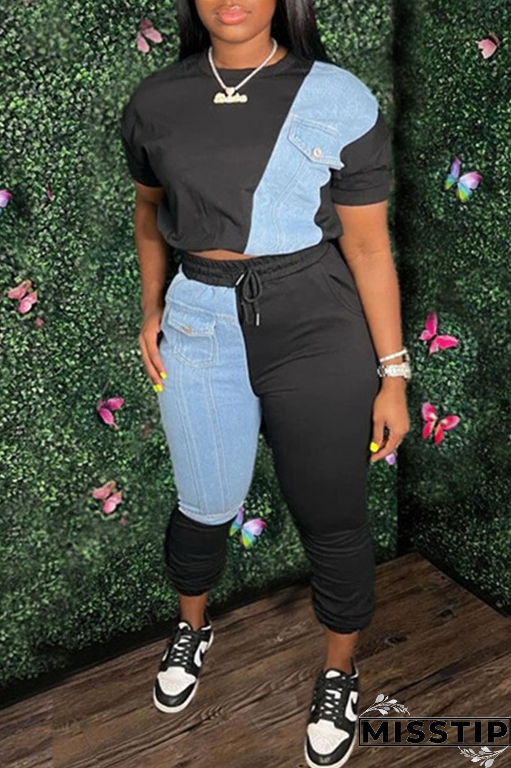 Black Casual Solid Patchwork O Neck Short Sleeve Two Pieces