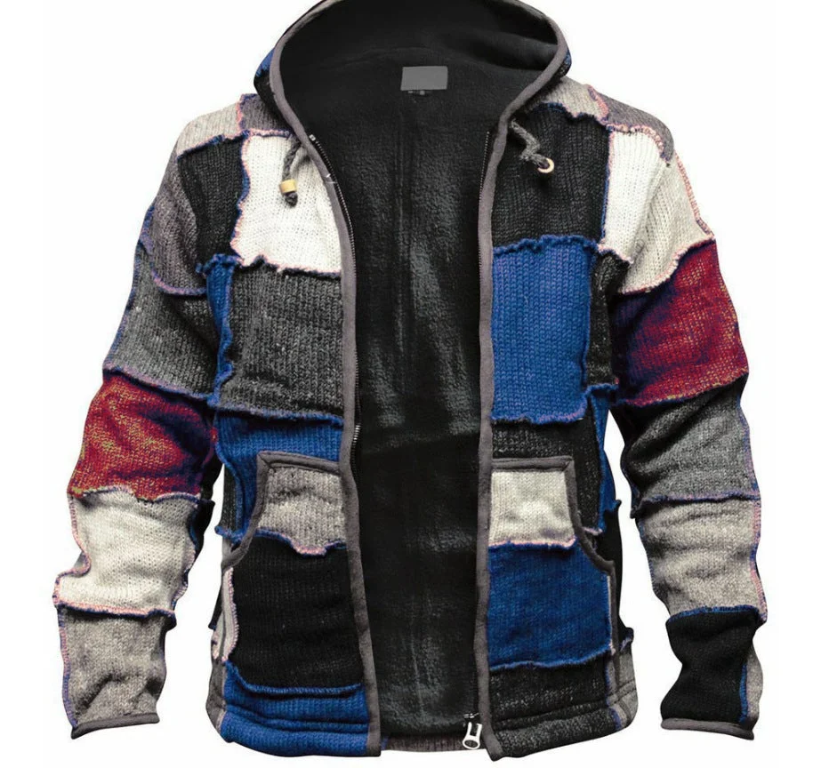 Men Warm Jacket Winter Coat Color Stitched Cardigan Sweater