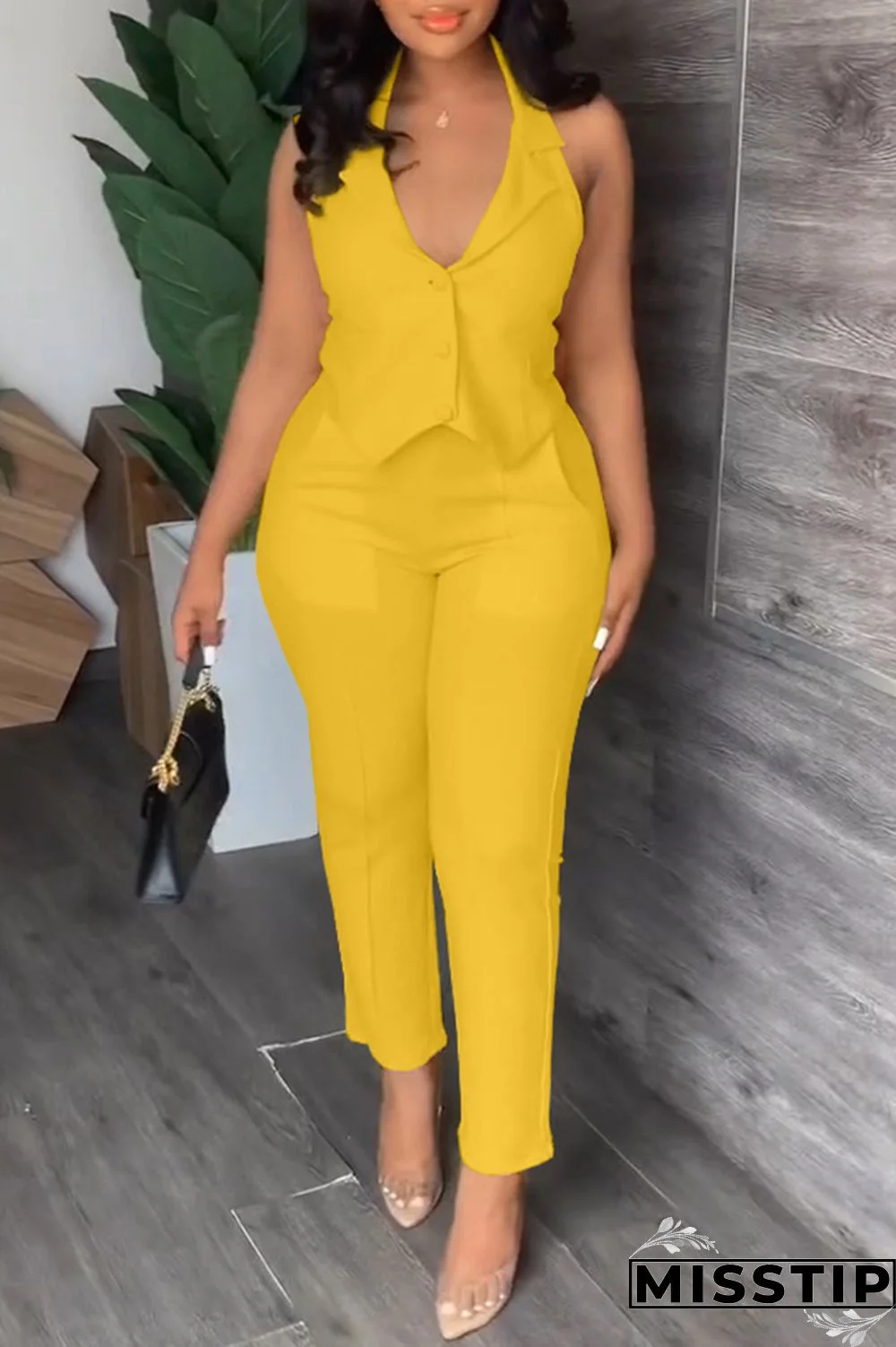 Black Casual Solid Backless Halter Sleeveless Two Pieces