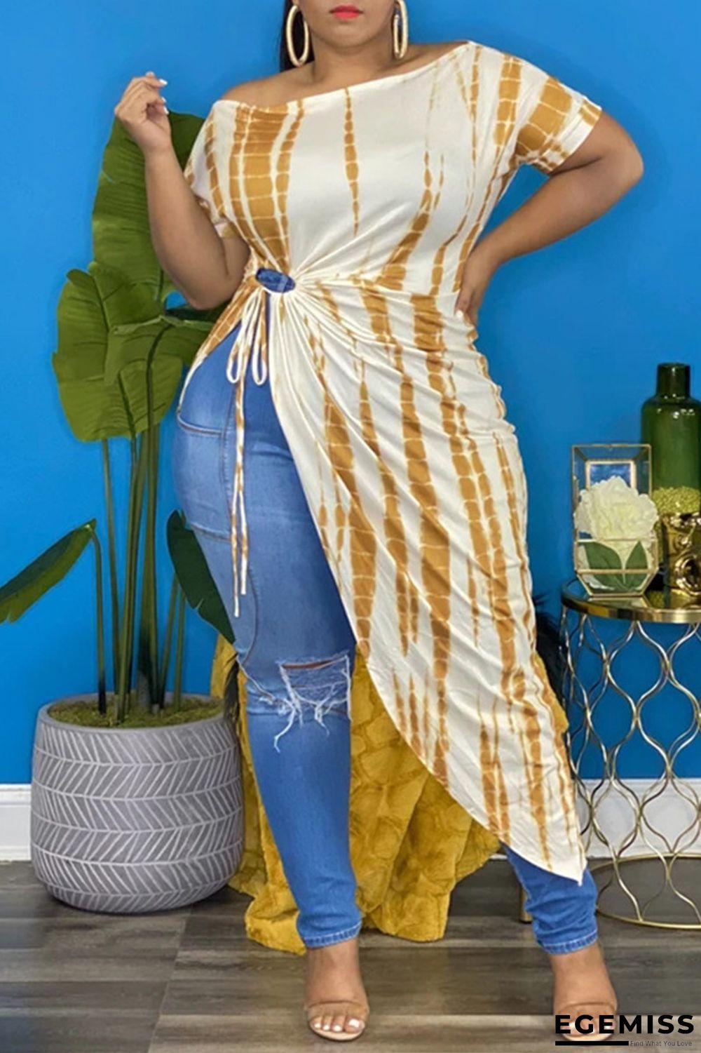 Yellow Fashion Casual Print Bandage Asymmetrical O Neck Plus Size Tops | EGEMISS