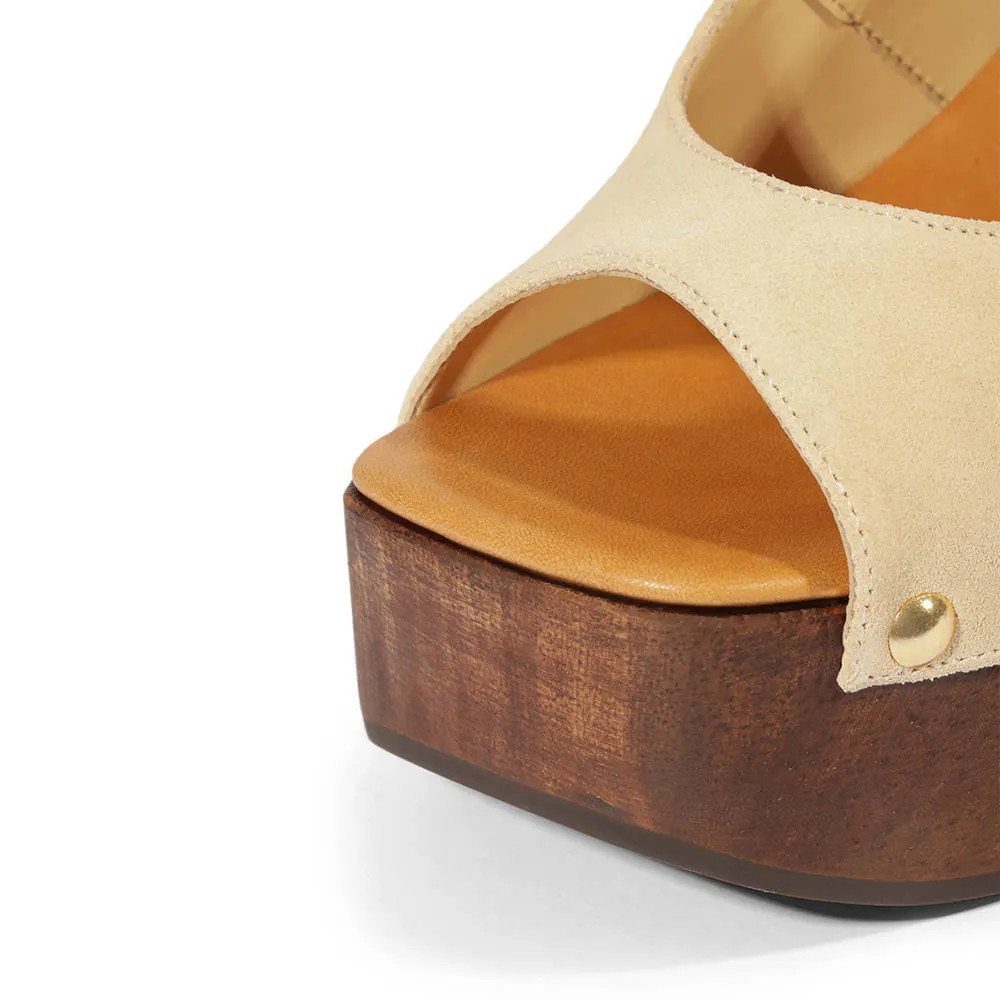 Beige Open-Toe Studded Slingback Platform High Heels Sandals