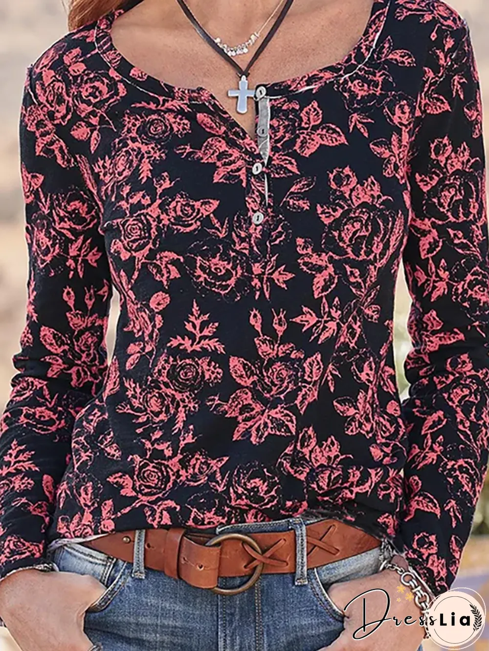 Casual Floral Autumn Micro-Elasticity Daily Jersey Hot List Long sleeve H-LineT-shirt