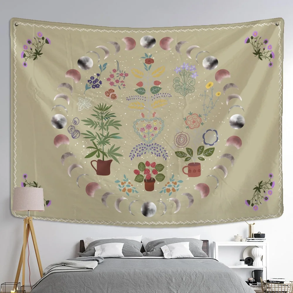 Moon Phase Tapestry Wall Hanging Plants Celestial Flowers Starry Sky Bohemian Witchcraft Hippie Home Decor