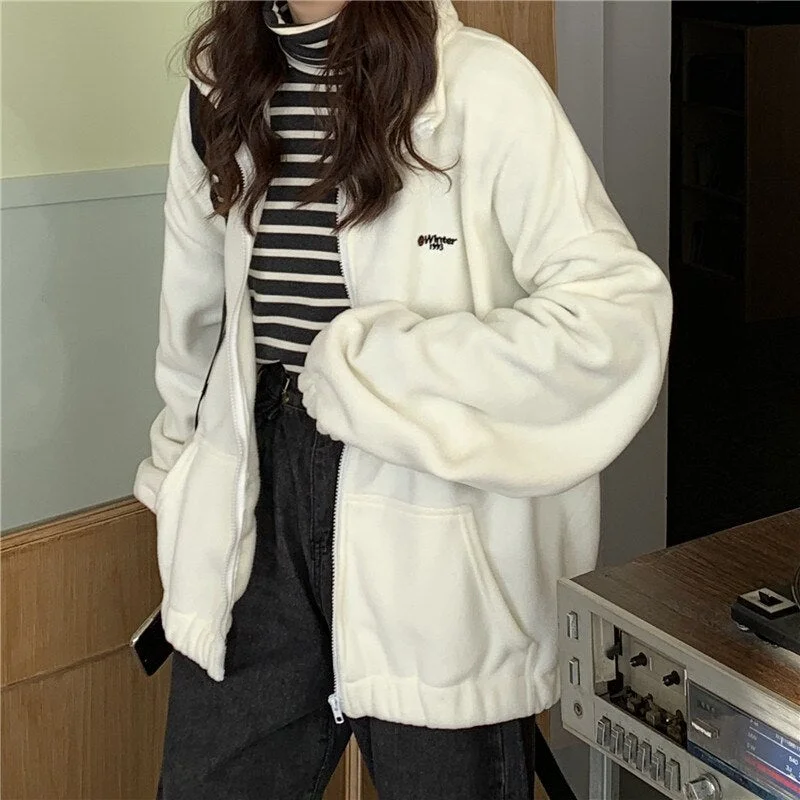 Christmas Gift Hoodies Women Zip Turn-down Collar Printed Pocket Long Sleeve Korean Style New Trendy Casual Ulzzang Harajuku Female