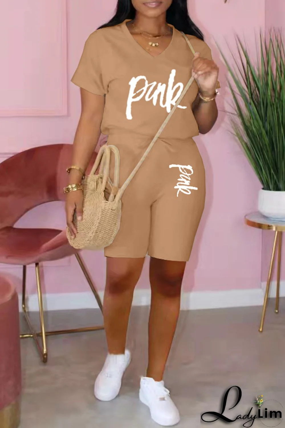 Black Fashion Casual Letter Print Basic V Neck Short Sleeve Two Pieces