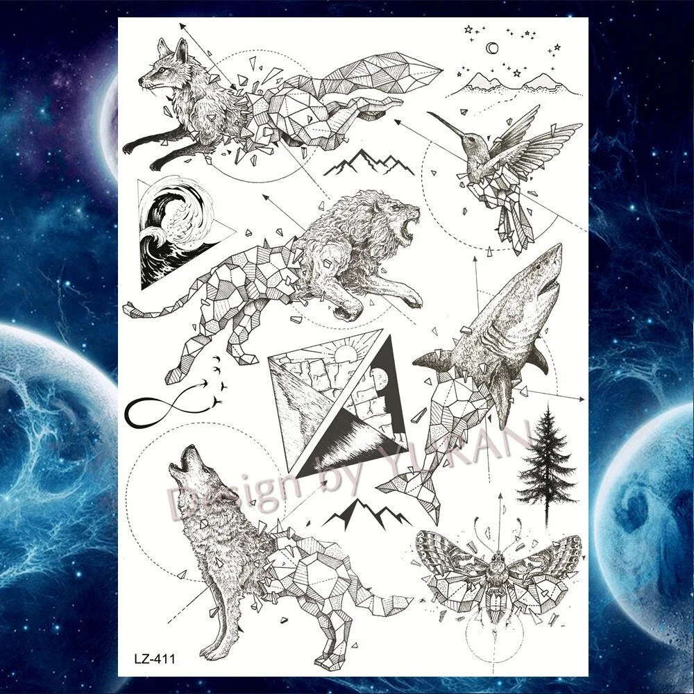 Tribal Forest Animals Black Galaxy Triangle Wolf Animals Temporary Tattoo Stickers Women Men Deer Tatoo Waterproof Arm Tattoos