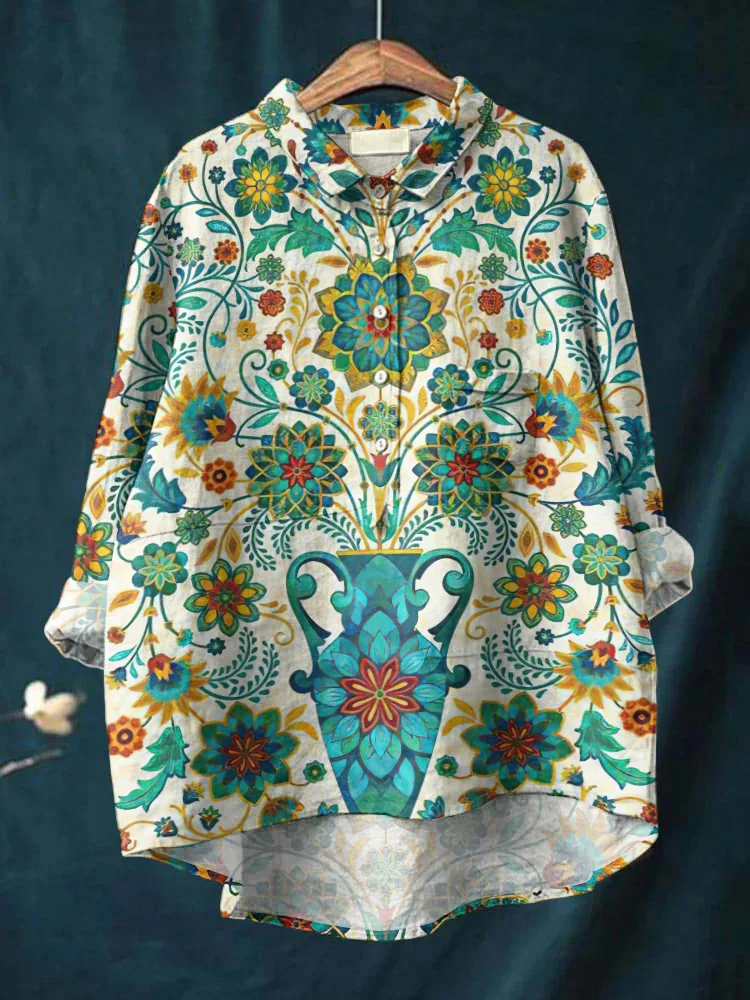 Vintage Ethnic Lovely Floral Art Print Casual Cotton And Linen Shirt