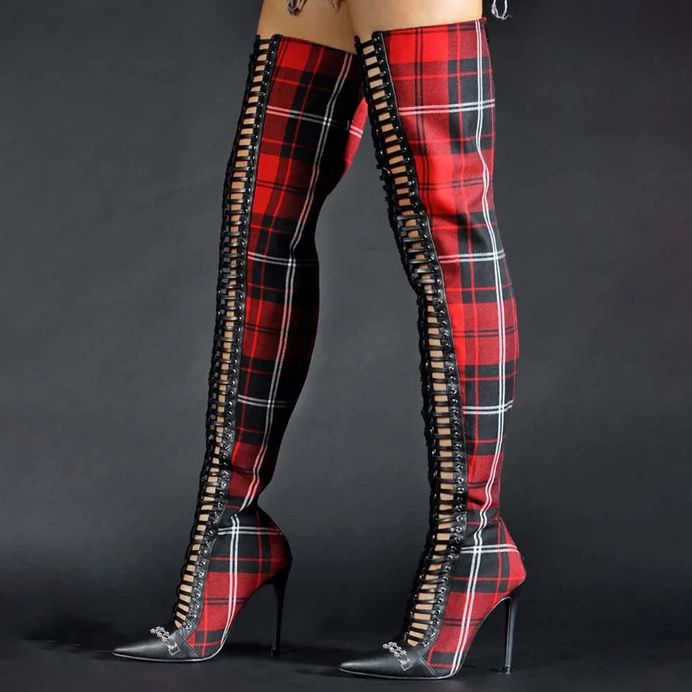 Red Plaid High Heel Pointed Toe Stiletto Over The Knee Boots
