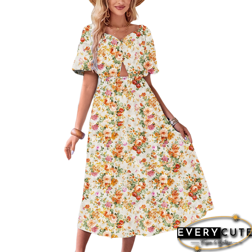Light Yellow Puff Sleeves Back Pleated Floral Dress