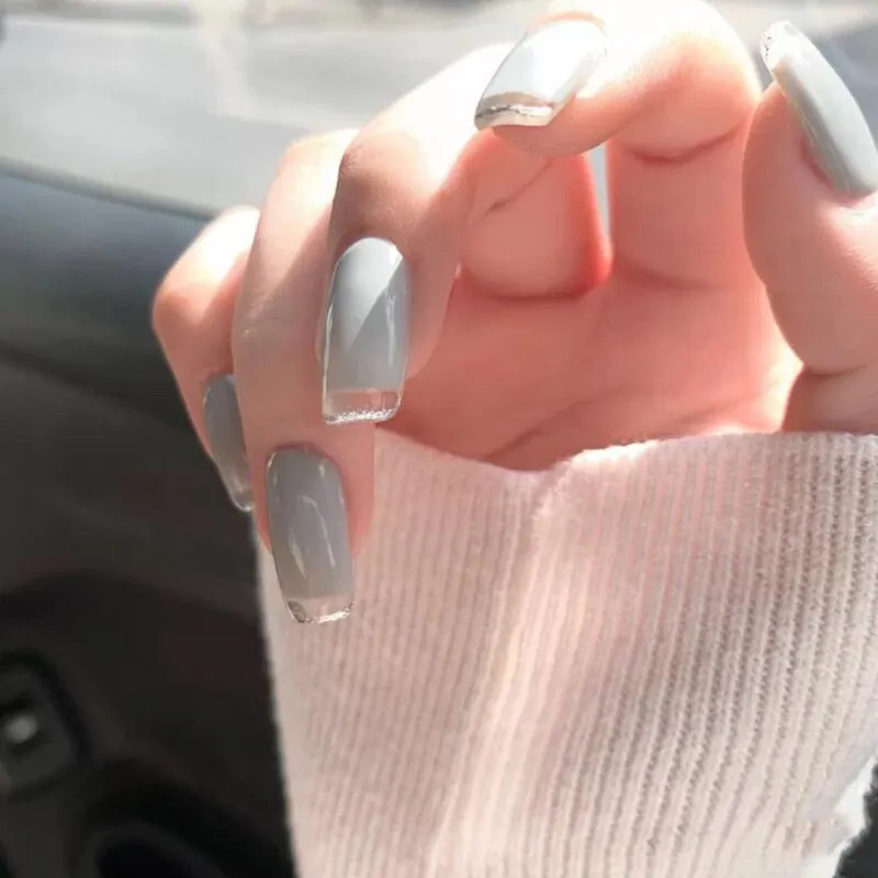 24pcs coffin Fake Nails with design Light Blue and Gray  Nail patch full  Finished Nails tips With Glue girl nail salon diy tool-Nail Inspo