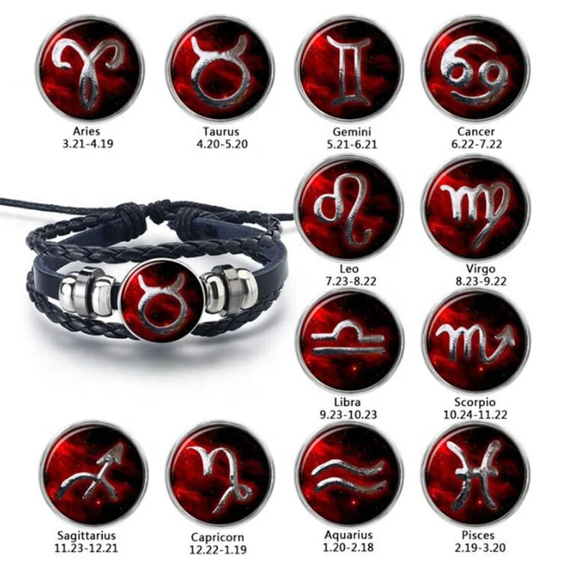 Zodiac Signs Cowhide Bracelet Leather Rope Braided Bracelet