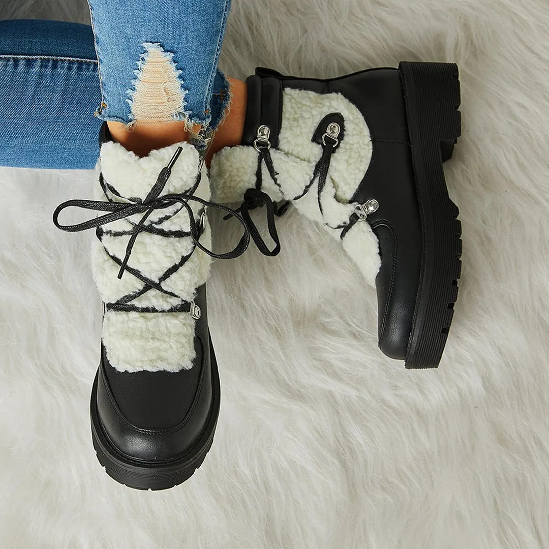 Women Faux Shearling Stiching Lace Up Snow Boots