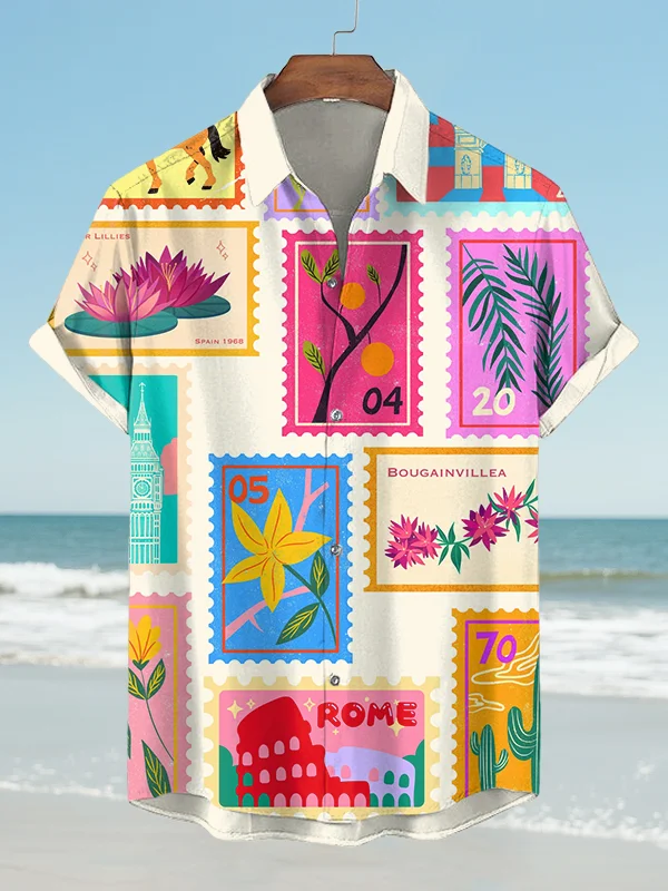 Men's Colorful Landscape Stamp Print Shirt
