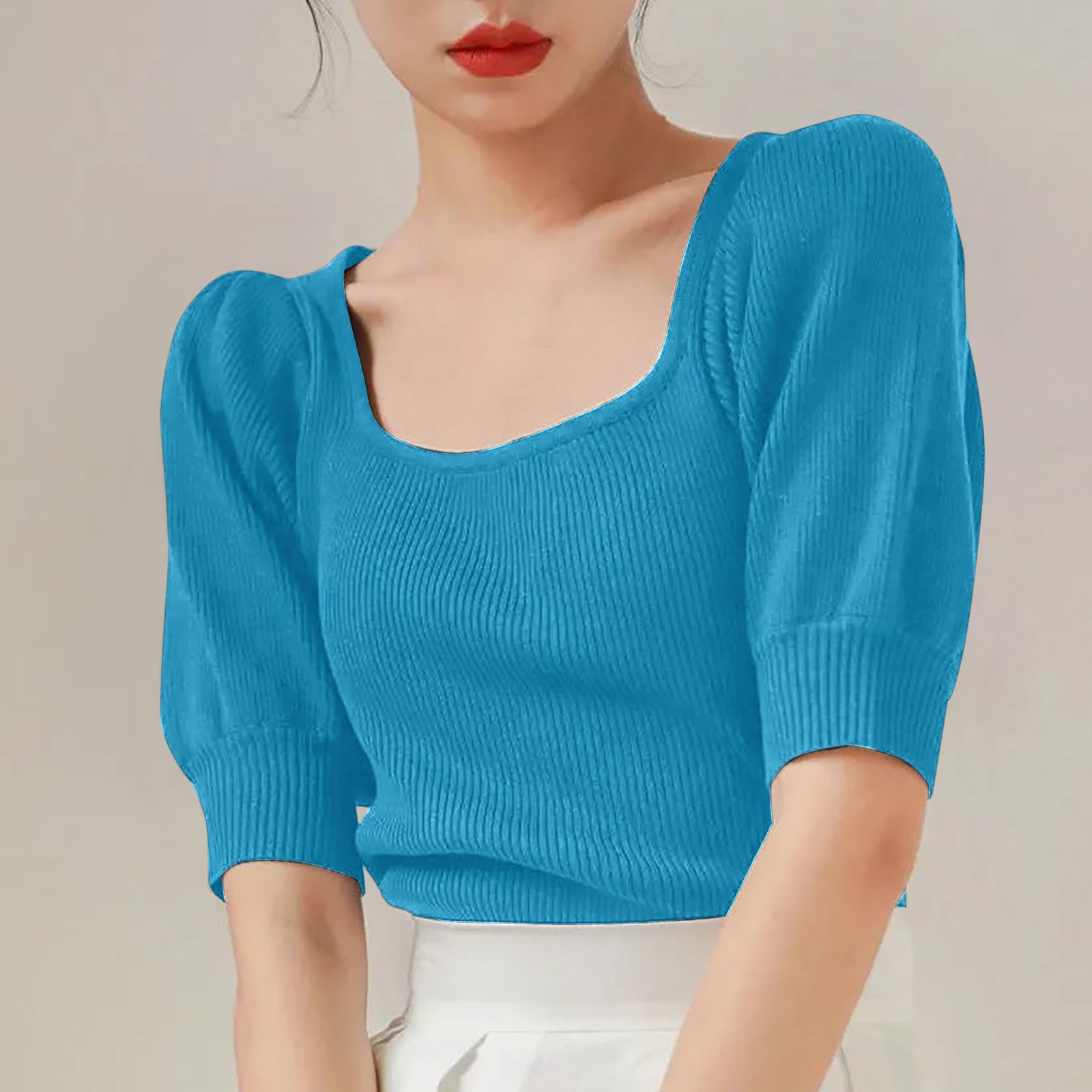 Kanonion Elegant Women Puff Sleeve T-Shirts Ribbed Square Neck Chic Solid Color Tees Summer Office Lady Korean Style Slim Fit Tops
