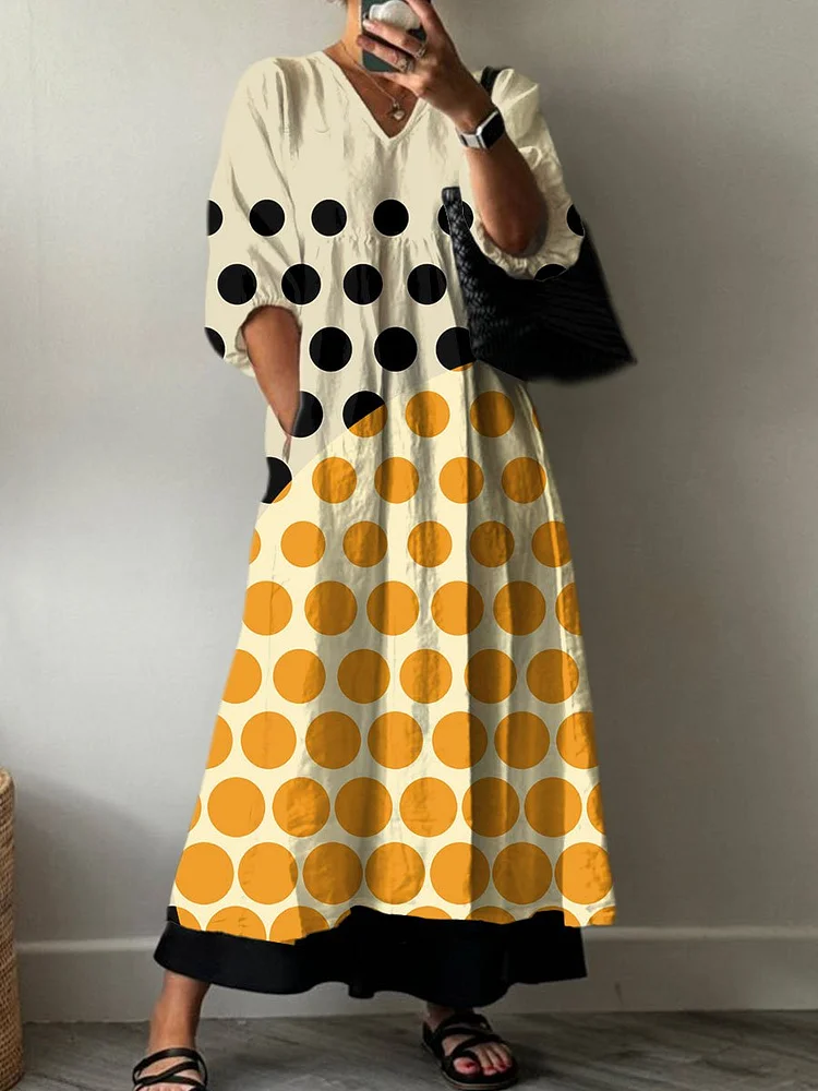 Women's  Minimalist Retro Print Pocket V-neck Cotton Dress
