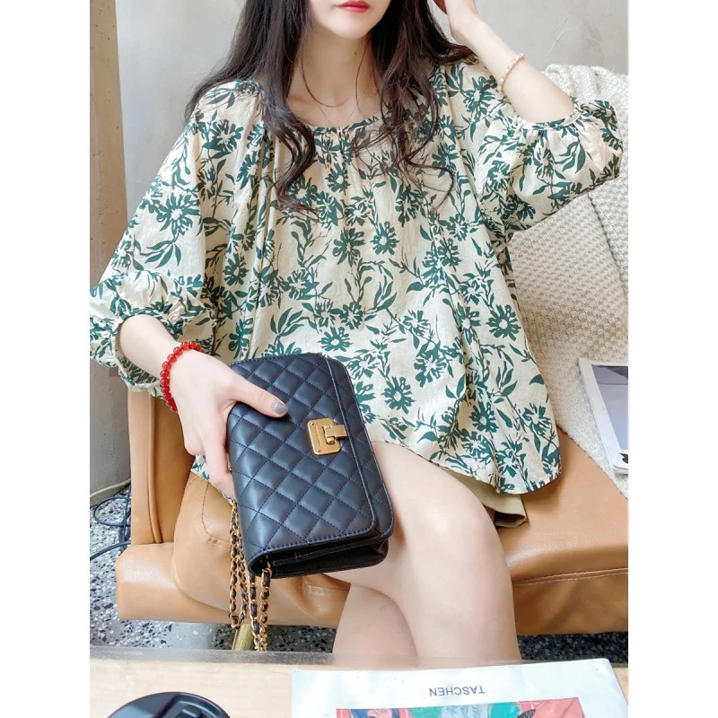 Uveng Uveng Doll Top 2024 Summer Korean Version Of Loose Lantern Sweet Lantern Sleeve Broken Cotton Shirt Woman