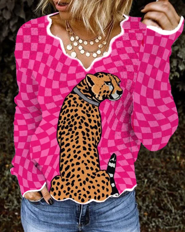 Casual Plaid Cheetah Print Long Sleeve Wave Collar Top