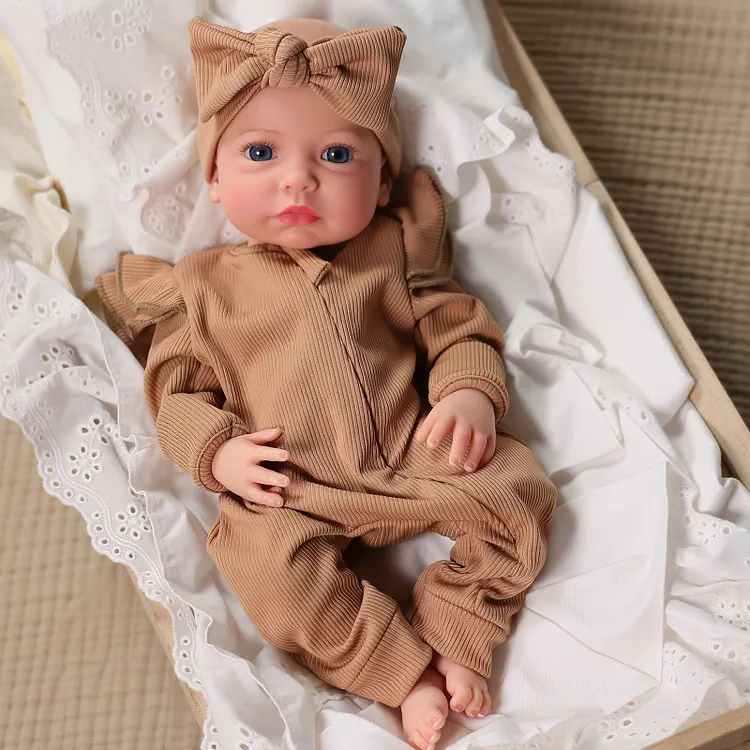 Babeside Carina 16" Silicone Baby Girl Doll in Brown Ribbed Romper &ndash; Lifelike Baby Gift