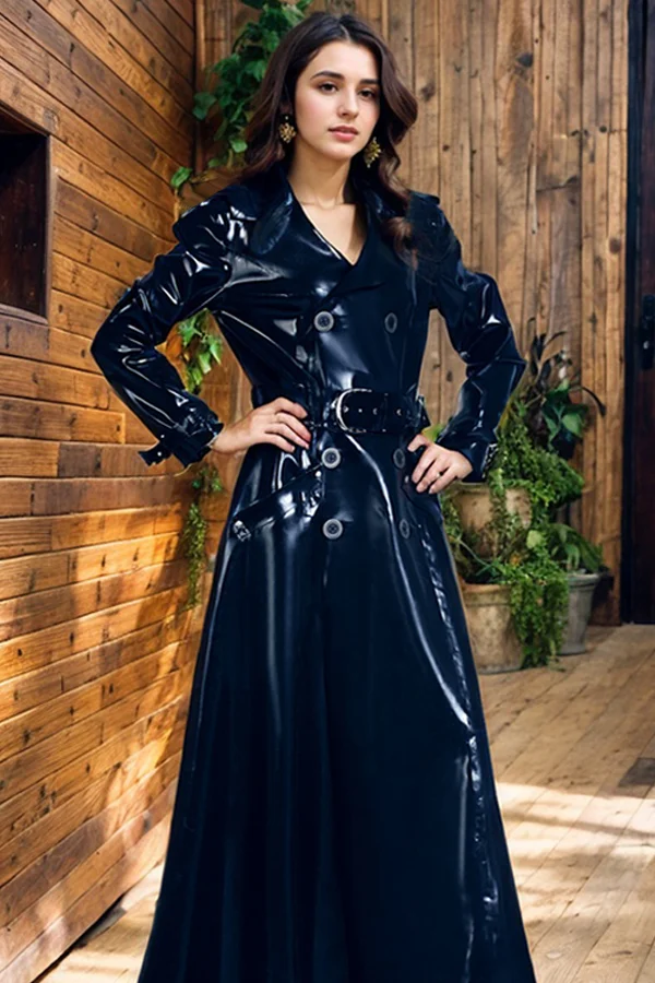 Women's Latex Coat Double-Breasted Latex Full-Length