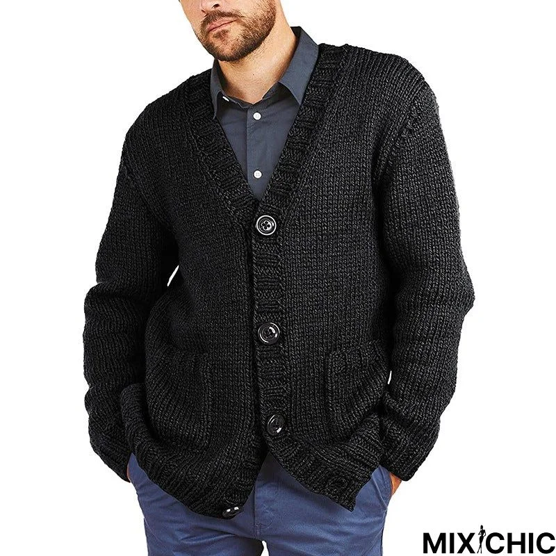 Sweater Cardigan Men's Solid Color V-Neck Long Sleeve Knitted Coat