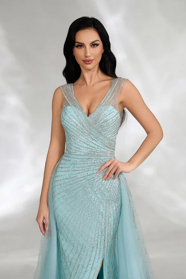Daisda Sleeveless Straps V-Neck Beads Mermaid Prom Dress