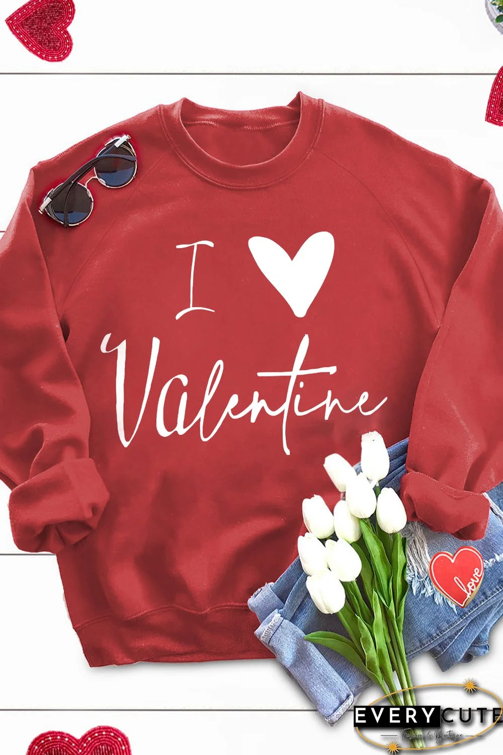 Red I Love Valentine Heart Flocking Pullover Sweatshirt