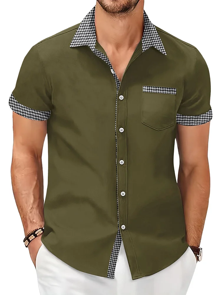 Men's summer cotton and linen houndstooth solid color short-sleeved shirt
