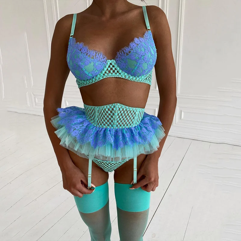 Billionm Sexy Lingerie Women Patchwork Pink Push Up Bra and Panty Underwear Hollow Out Fishnet Intimate Sex Ropa Interior Femme Costume